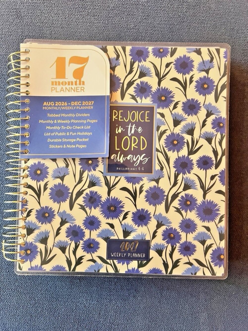 17 Month Daily Month Planner Scripture Phil 4:4 Blue Weekly Planning 2026-27 NEW